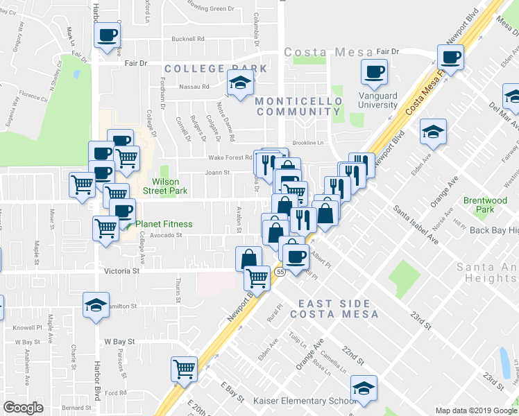 map of restaurants, bars, coffee shops, grocery stores, and more near in Costa Mesa
