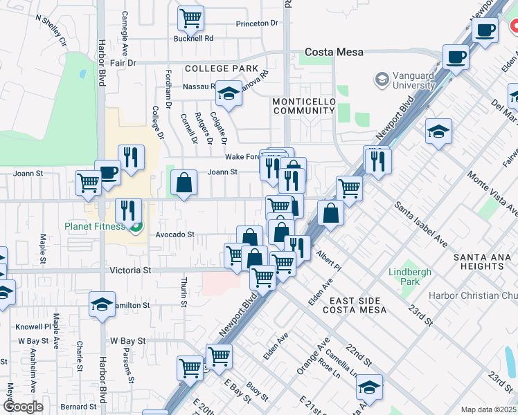 map of restaurants, bars, coffee shops, grocery stores, and more near in Costa Mesa