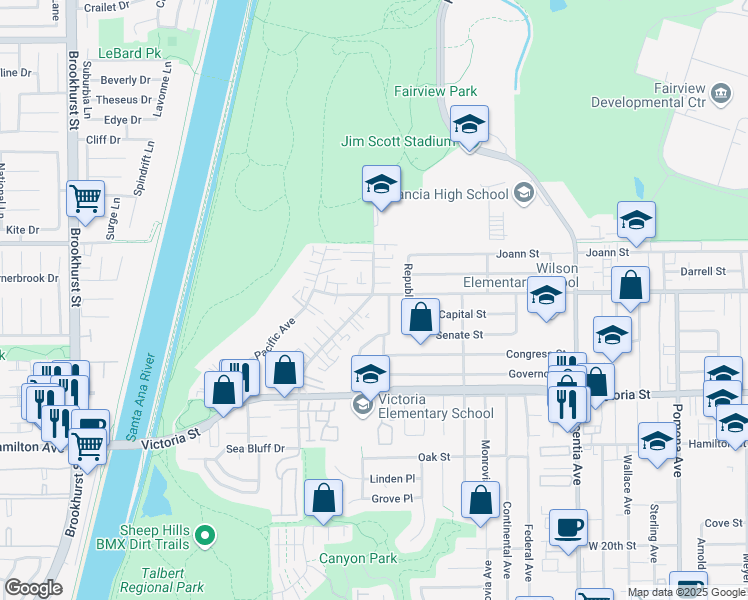 map of restaurants, bars, coffee shops, grocery stores, and more near 2250 Canyon Drive in Costa Mesa