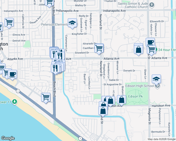 map of restaurants, bars, coffee shops, grocery stores, and more near 21142 Banff Lane in Huntington Beach
