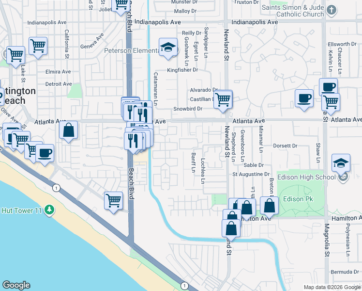 map of restaurants, bars, coffee shops, grocery stores, and more near 21141 Cupar Lane in Huntington Beach