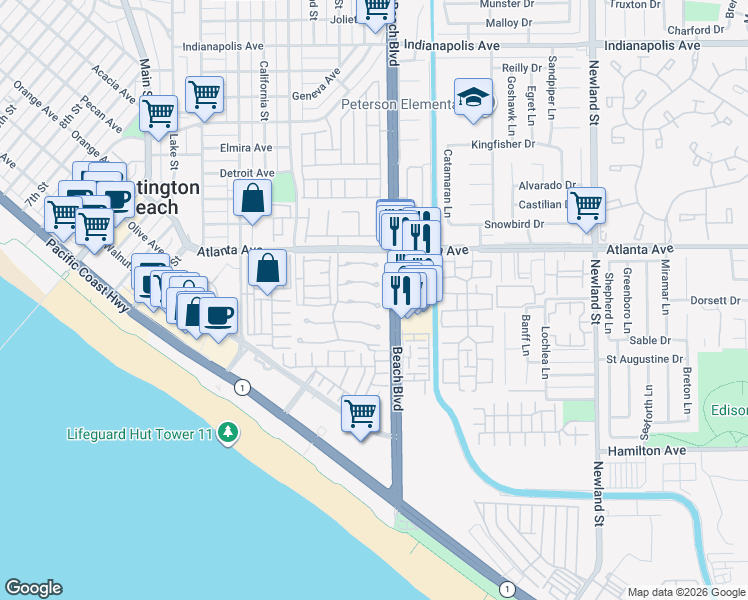 map of restaurants, bars, coffee shops, grocery stores, and more near 7985 Southwind Circle in Huntington Beach
