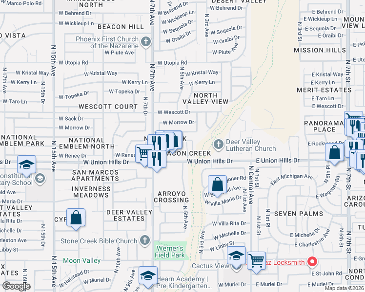 map of restaurants, bars, coffee shops, grocery stores, and more near 18625 North 5th Avenue in Phoenix
