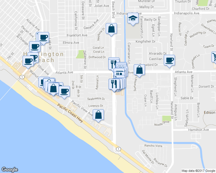 map of restaurants, bars, coffee shops, grocery stores, and more near 7985 Southwind Circle in Huntington Beach