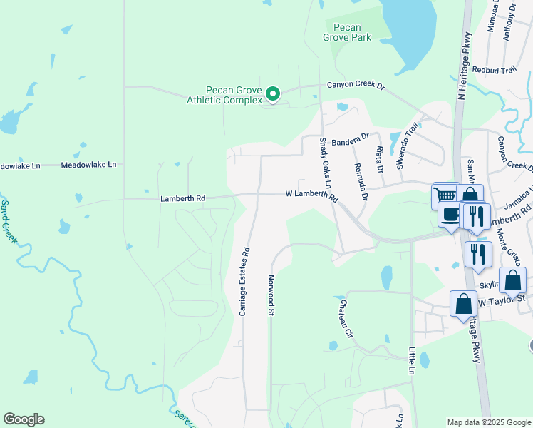 map of restaurants, bars, coffee shops, grocery stores, and more near 210 Carriage Estates Road in Sherman