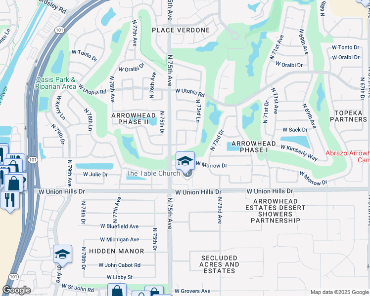 map of restaurants, bars, coffee shops, grocery stores, and more near 18991 North 74th Drive in Glendale