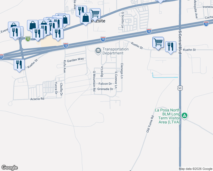 map of restaurants, bars, coffee shops, grocery stores, and more near 600-698 Granada Drive in Quartzsite