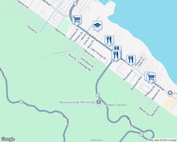 map of restaurants, bars, coffee shops, grocery stores, and more near 15731 Lakeridge Road in Lake Elsinore