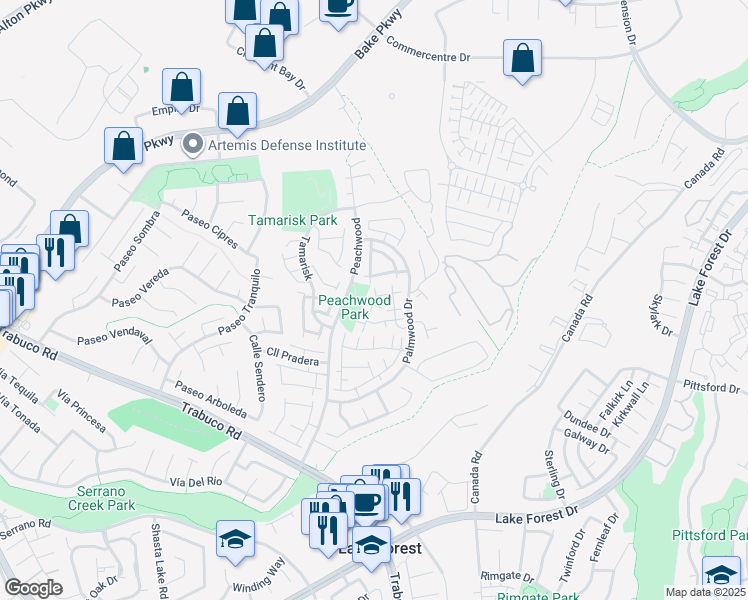 map of restaurants, bars, coffee shops, grocery stores, and more near 21181 Jasmines Way in Lake Forest