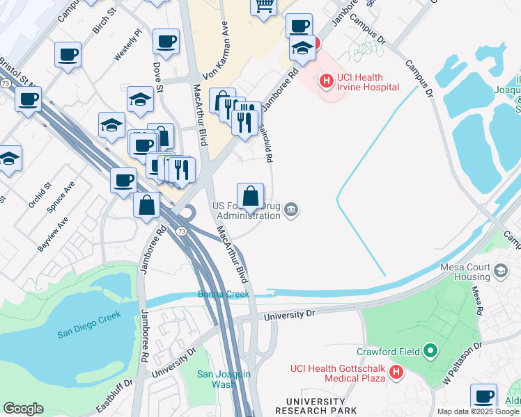 map of restaurants, bars, coffee shops, grocery stores, and more near 19800 Macarthur Boulevard in Irvine