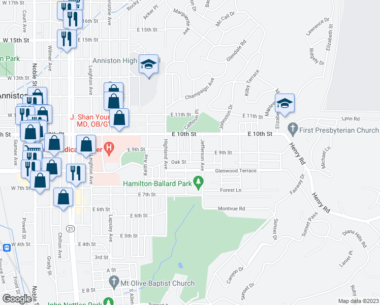 map of restaurants, bars, coffee shops, grocery stores, and more near 998 East 9th Street in Anniston