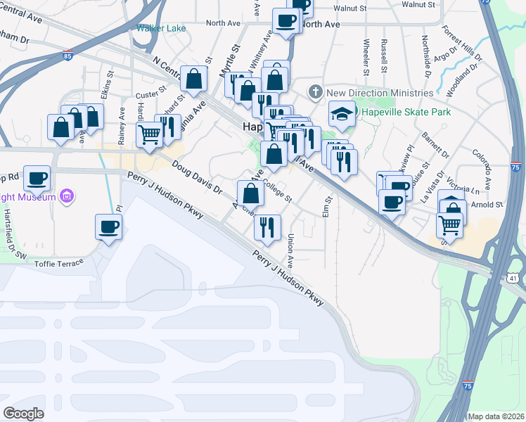 map of restaurants, bars, coffee shops, grocery stores, and more near 3619 South Fulton Avenue in Atlanta