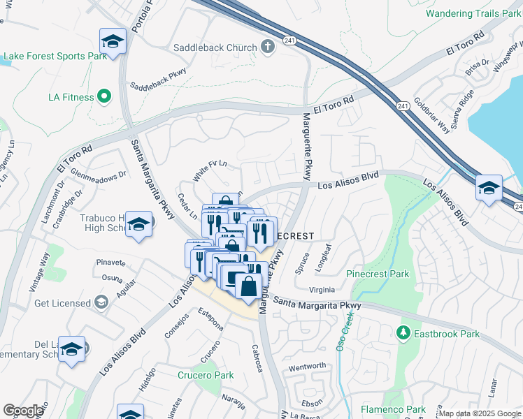 map of restaurants, bars, coffee shops, grocery stores, and more near 21114 Rose in Mission Viejo