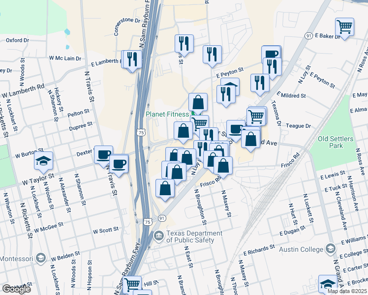 map of restaurants, bars, coffee shops, grocery stores, and more near 1804 Loy Lake Road in Sherman