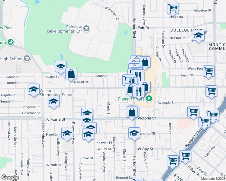 map of restaurants, bars, coffee shops, grocery stores, and more near 2232 Maple Street in Costa Mesa
