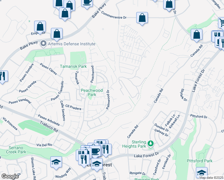 map of restaurants, bars, coffee shops, grocery stores, and more near 25522 Azalea in Lake Forest