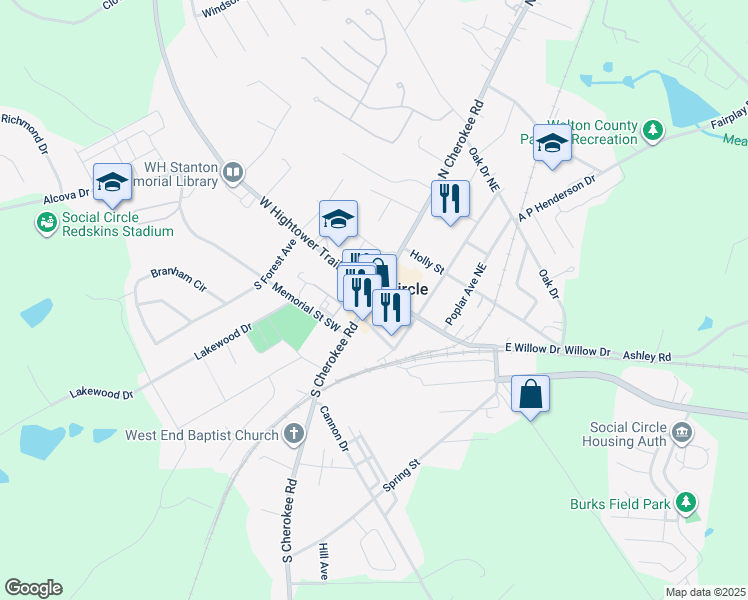 map of restaurants, bars, coffee shops, grocery stores, and more near 120 Cherokee Road in Social Circle