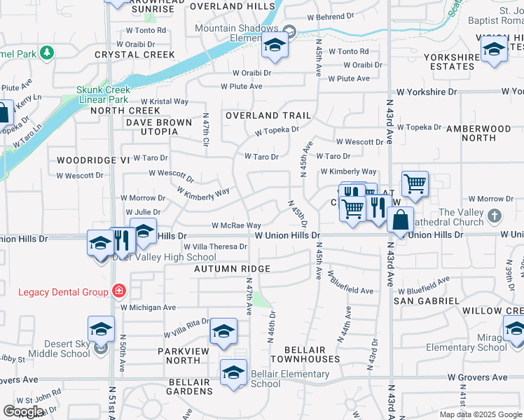 map of restaurants, bars, coffee shops, grocery stores, and more near 18625 North 46th Drive in Glendale