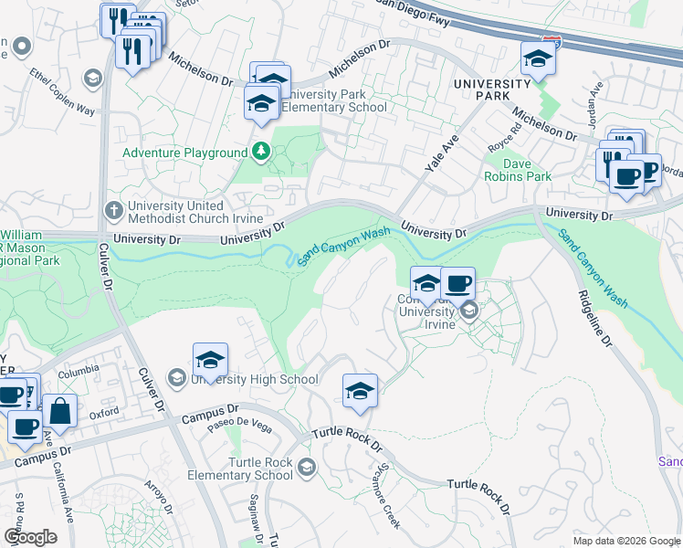 map of restaurants, bars, coffee shops, grocery stores, and more near 21 Valley View in Irvine