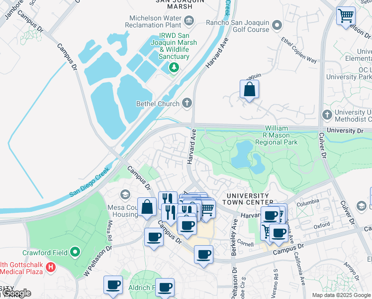 map of restaurants, bars, coffee shops, grocery stores, and more near 15 Stanford Court in Irvine