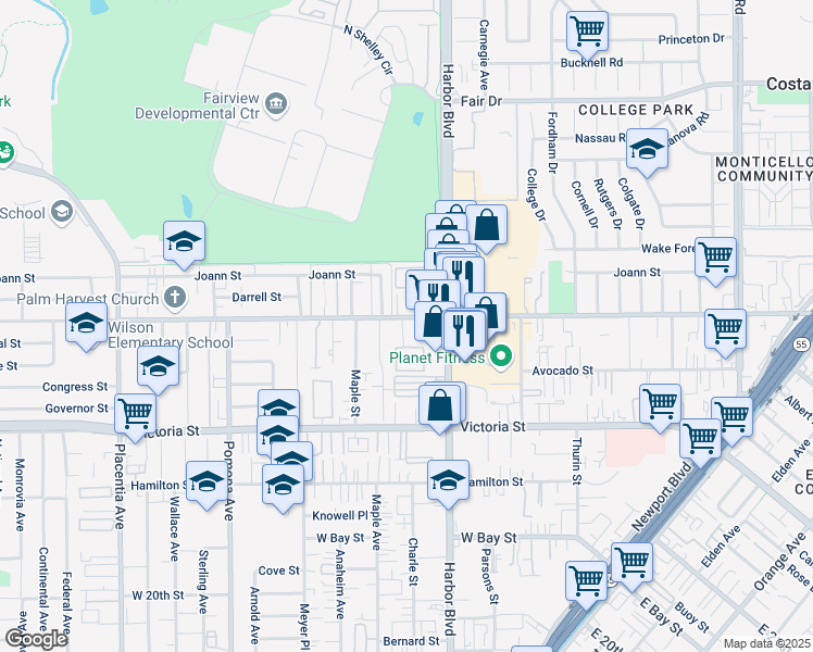 map of restaurants, bars, coffee shops, grocery stores, and more near 531 West Wilson Street in Costa Mesa