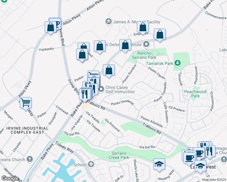 map of restaurants, bars, coffee shops, grocery stores, and more near 21102 Paseo Verdura in Lake Forest