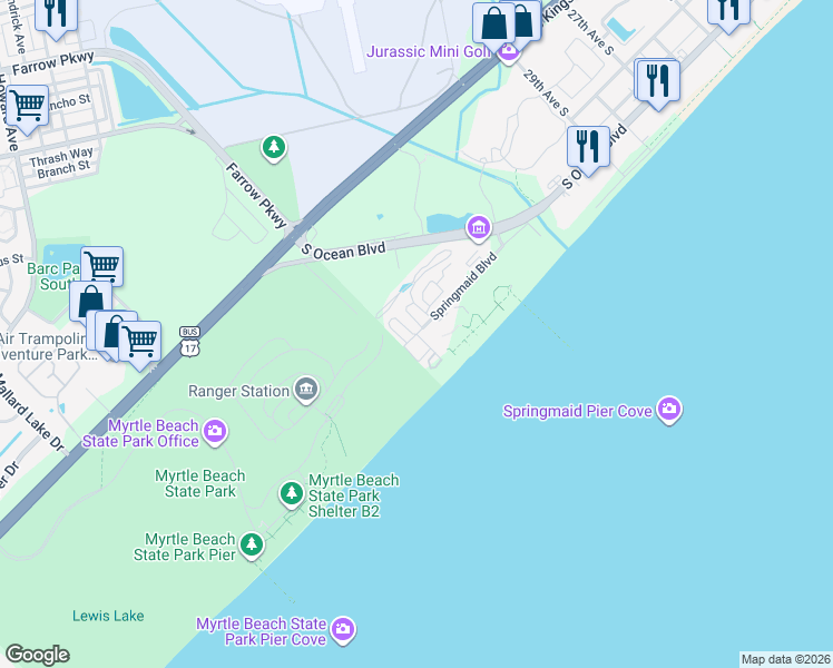 map of restaurants, bars, coffee shops, grocery stores, and more near 3216 Davis Street in Myrtle Beach