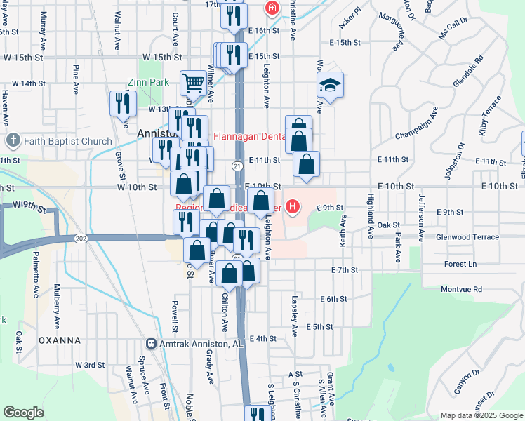 map of restaurants, bars, coffee shops, grocery stores, and more near 900 Leighton Avenue in Anniston