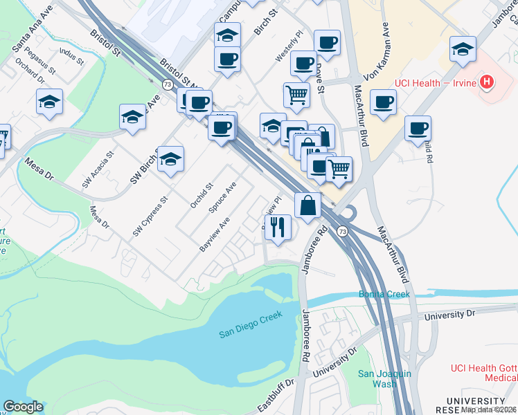 map of restaurants, bars, coffee shops, grocery stores, and more near 88 Baycrest Court in Newport Beach