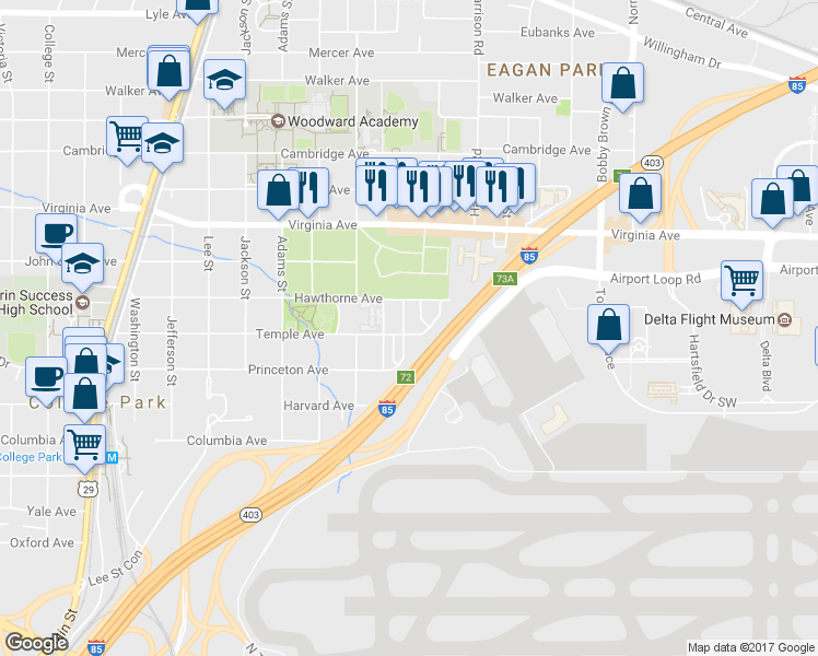 map of restaurants, bars, coffee shops, grocery stores, and more near 3642 Princeton Avenue in College Park