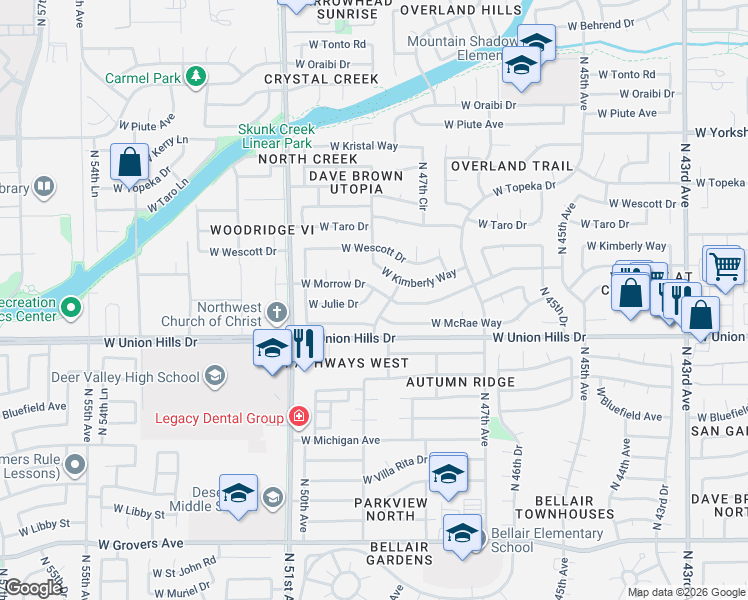 map of restaurants, bars, coffee shops, grocery stores, and more near 18626 North 48th Avenue in Glendale