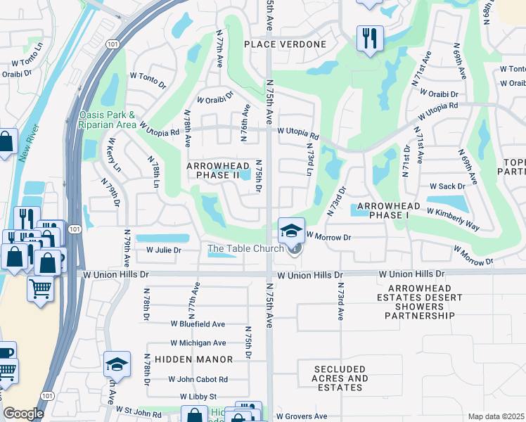 map of restaurants, bars, coffee shops, grocery stores, and more near 18856 North 75th Drive in Glendale