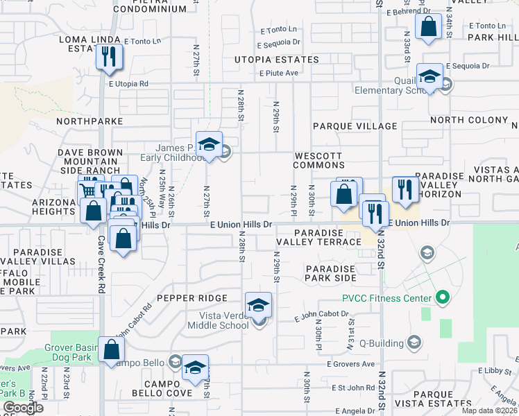 map of restaurants, bars, coffee shops, grocery stores, and more near 2815 East Renee Drive in Phoenix