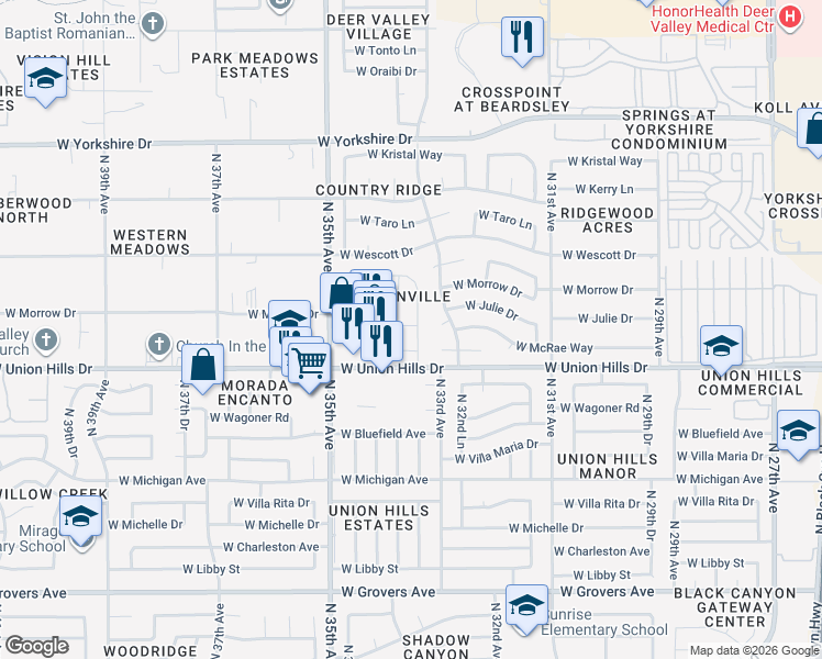 map of restaurants, bars, coffee shops, grocery stores, and more near 18619 North 33rd Drive in Phoenix