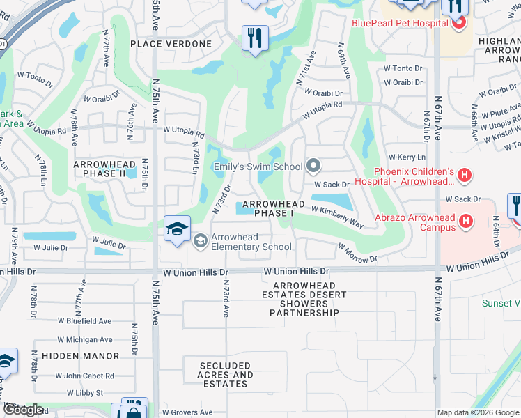 map of restaurants, bars, coffee shops, grocery stores, and more near 7168 West Kimberly Way in Glendale