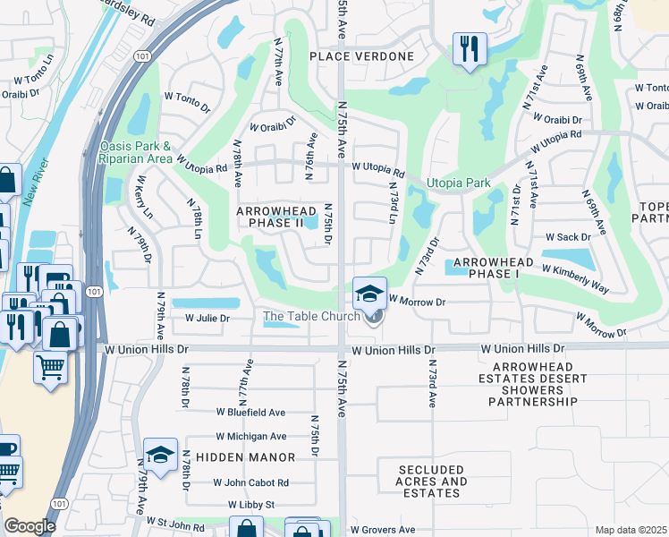 map of restaurants, bars, coffee shops, grocery stores, and more near 18856 North 75th Drive in Glendale