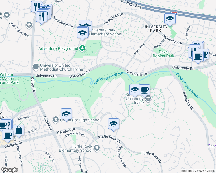 map of restaurants, bars, coffee shops, grocery stores, and more near 21 Valley View in Irvine