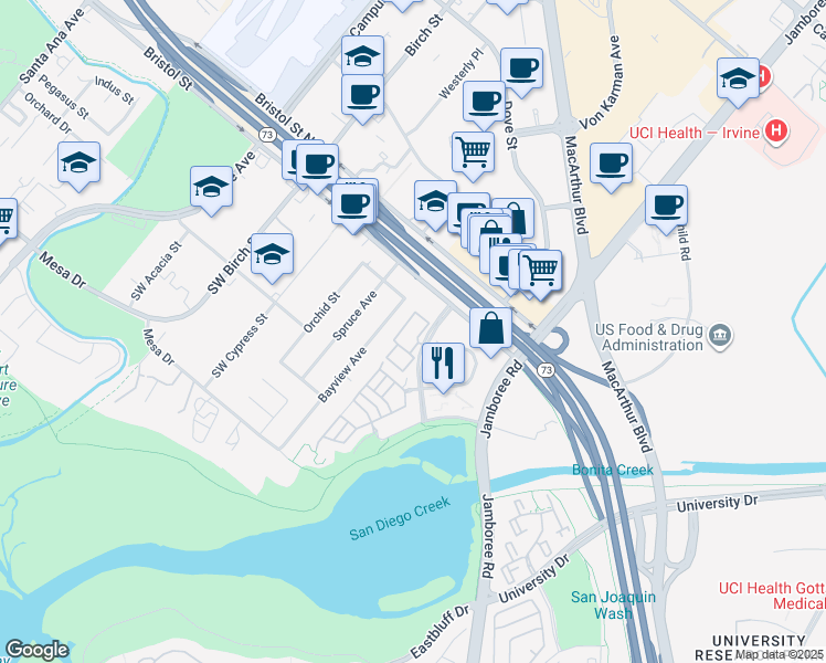 map of restaurants, bars, coffee shops, grocery stores, and more near 4 Baycrest Court in Newport Beach