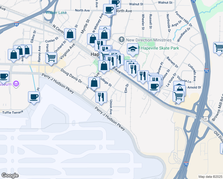map of restaurants, bars, coffee shops, grocery stores, and more near 3610 Union Avenue in Hapeville