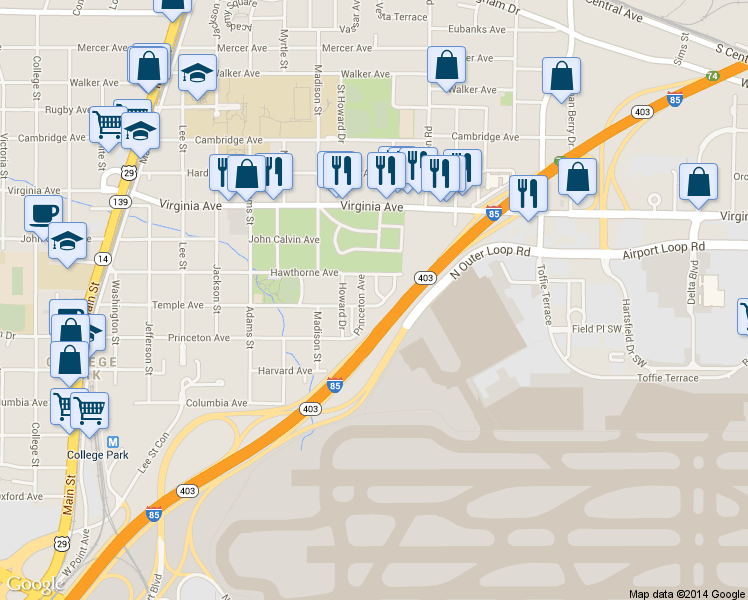 map of restaurants, bars, coffee shops, grocery stores, and more near 3642 Princeton Avenue in College Park