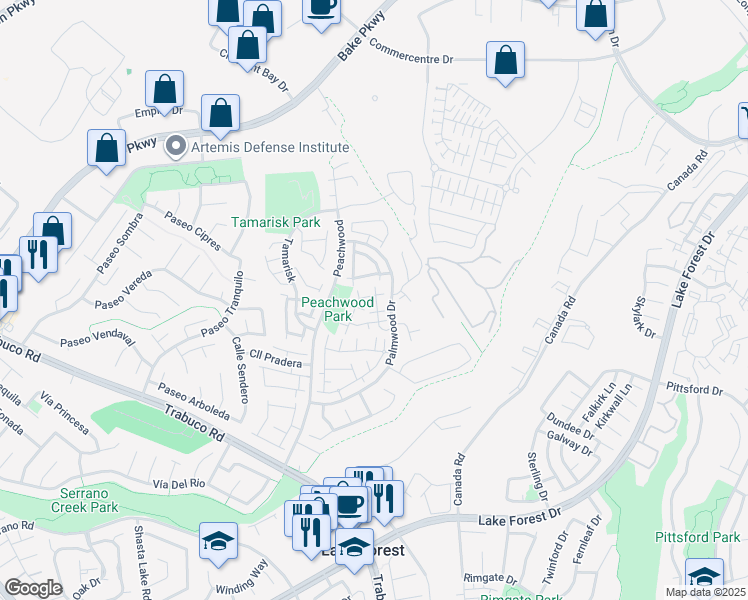 map of restaurants, bars, coffee shops, grocery stores, and more near 21178 Gladiolos Way in Lake Forest