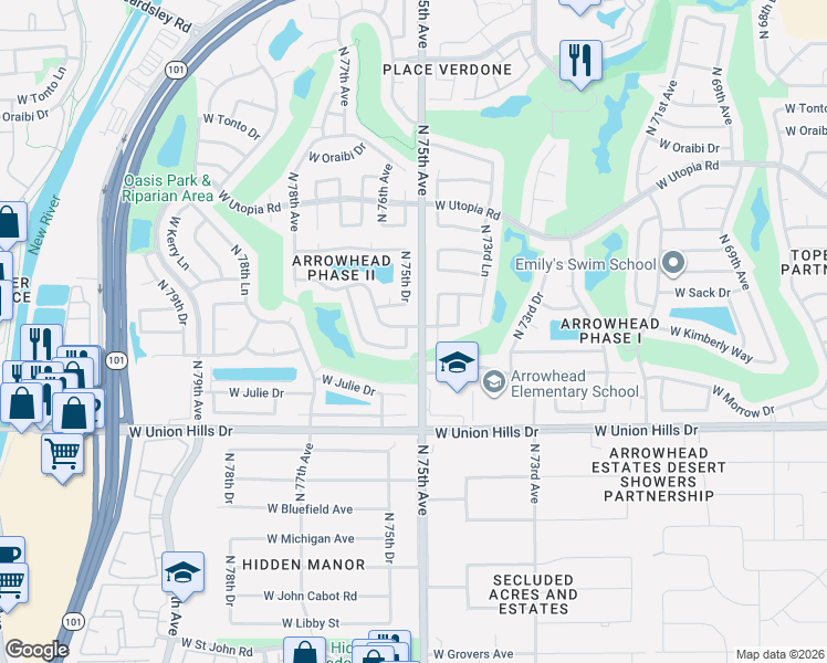 map of restaurants, bars, coffee shops, grocery stores, and more near 18856 North 75th Drive in Glendale