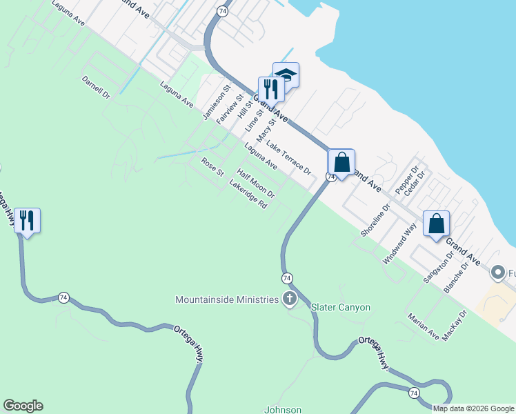 map of restaurants, bars, coffee shops, grocery stores, and more near 15731 Lakeridge Road in Lake Elsinore