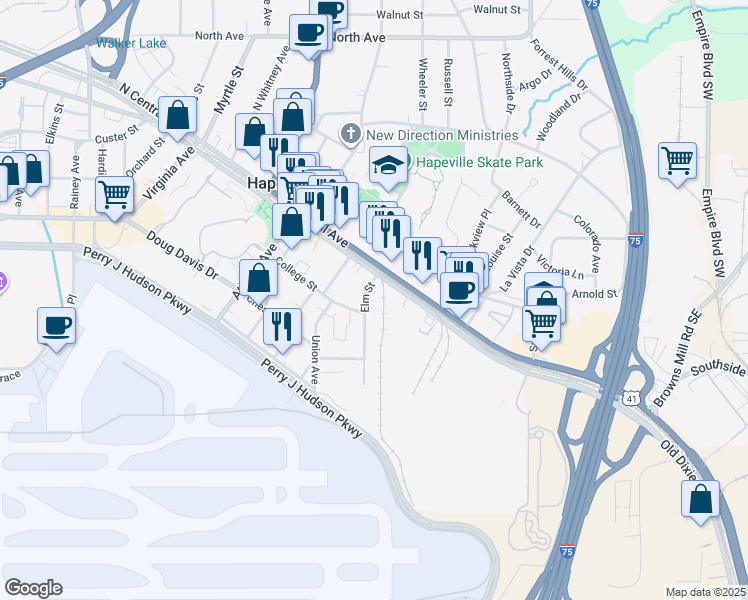 map of restaurants, bars, coffee shops, grocery stores, and more near 3558 Elm Street in Atlanta