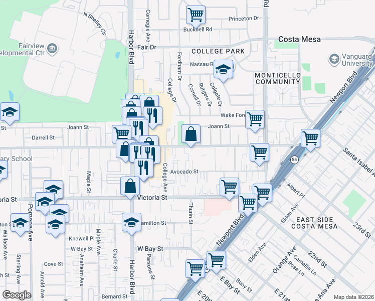 map of restaurants, bars, coffee shops, grocery stores, and more near 357 West Wilson Street in Costa Mesa