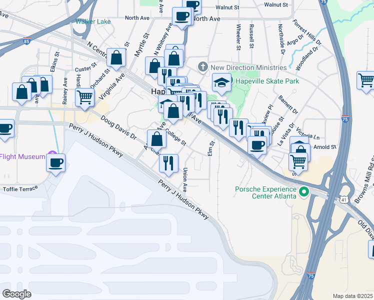 map of restaurants, bars, coffee shops, grocery stores, and more near 3624 Union Avenue in Hapeville