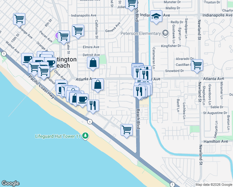 map of restaurants, bars, coffee shops, grocery stores, and more near 21138 Admiral Lane in Huntington Beach