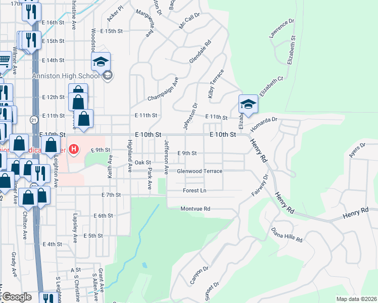 map of restaurants, bars, coffee shops, grocery stores, and more near 901 Kirkwood Avenue in Anniston