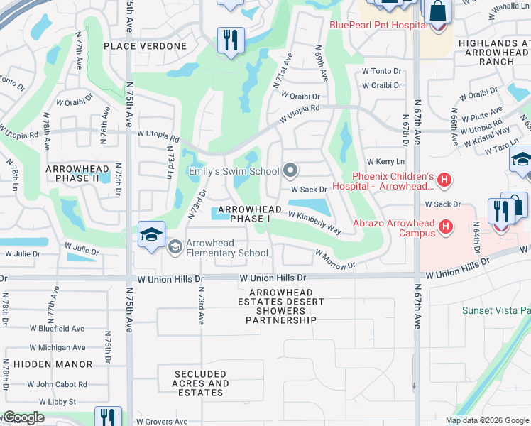 map of restaurants, bars, coffee shops, grocery stores, and more near 18844 North 71st Avenue in Glendale