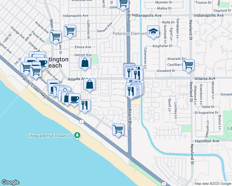 map of restaurants, bars, coffee shops, grocery stores, and more near 7895 Southwind Circle in Huntington Beach